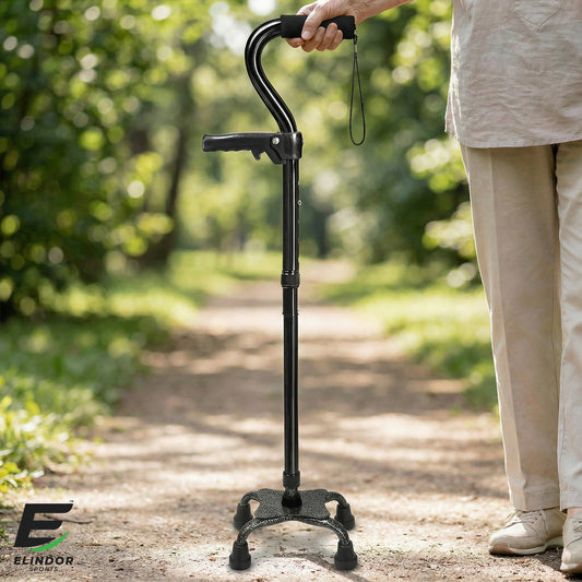Baston Ortopedic Elindor® de Sprijin Pliabil, Usor si Reglabil, Potrivit pentru Ambele Maini, din Aluminiu Rezistent, Ofera Stabilitate si Sustinere pana la 136 Kg, Carja Pliabila pentru Varstnici si Recuperare, Negru