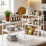 Set 4 Rafturi Elindor® din Bambus, Raft Extensibil, Suprapus pentru Bucatarie, Organizator Metalic Reglabil, Ideal ca Etajera Depozitare in Camara, Birou, Perfect pentru Condimente, Vesela, Farfurii, Stabil si Compact, Polita pentru Obiecte, Alb
