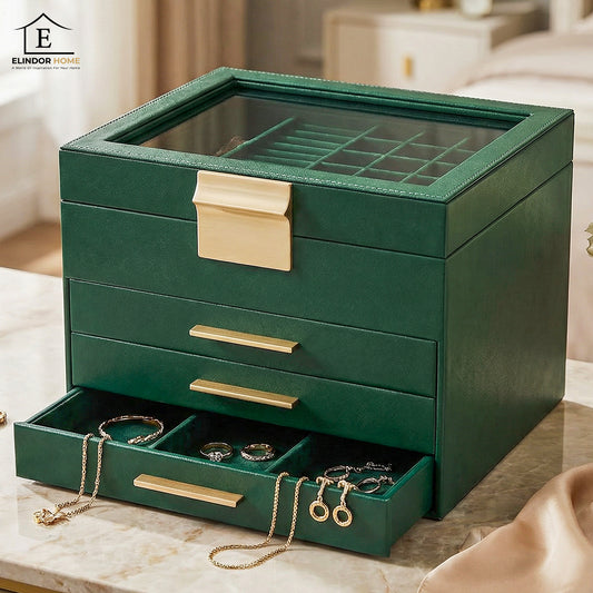 Cutie de Bijuterii Elindor® cu Capac, Organizator 4 Niveluri, 3x Sertar, Spatiu de Depozitare Inel, Verighete, Lantisoare, Bratari, Cercei, Caseta din Material Catifelat, Design Rafinat, Simplu si Elegant, Piele Ecologica, 23×20x16 cm, Verde Inchis