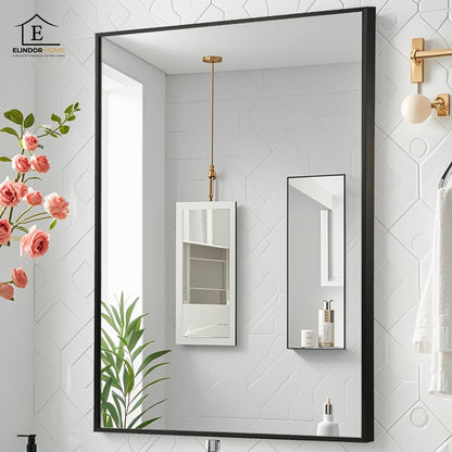 Oglinda Decorativa Elindor® Agatare pe Perete sau Sprijinita, Neagra, Dreptunghiulara, Moderna si Eleganta, Reflexie HD, Sticla fara Distorsiuni, Ideala pentru Dormitor, Living, Birou, Dressing, Hol, Baie, Rama Metalica, 90 x 60 cm