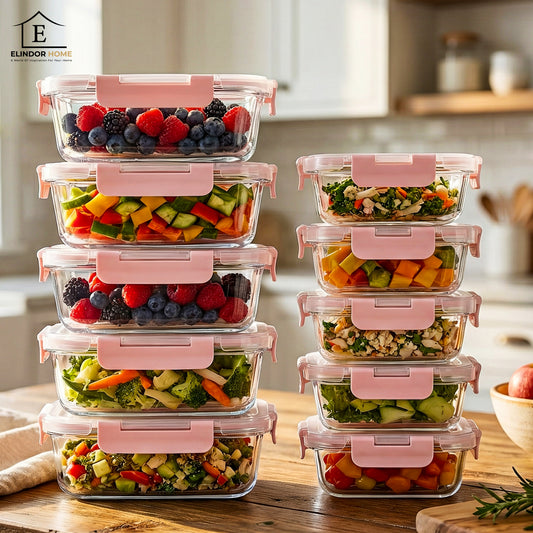 Set 10 Caserole Elindor® din Sticla, Recipiente Ingrediente pentru Bucatarie, pentru Alimente Uscate, Recipient pentru Depozitare Zahar, Cafea, Paste, Cereale, Capac Etans, Potrivit pentru Congelator, 370 - 1040 ml, Roz