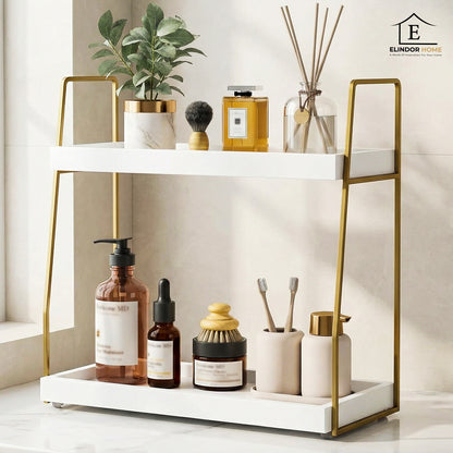 Etajera de Baie Elindor® pe 2 Niveluri, Tip Polita pe Blat, Raft de Dus, Organizator Baie sau Etajere Depozitare in Bucatarie, Suport Sapun, Rafturi de Dus, Accesorii din Lemn, 36 x 18 x 34 cm, Alb / Auriu