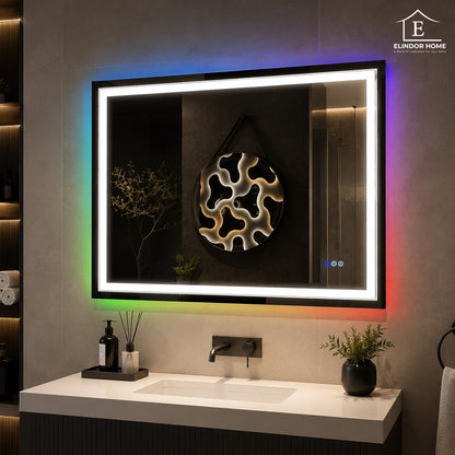 Oglinda de Perete Elindor® Antiaburire, Dreptunghiulara, Montare pe Orizontala, fara Rama, Ideala pentru Baie, Iluminare Led RGB, Buton ON/OFF Luminat si Noaptea, Rezistenta la Umiditate IP44, 100 x 60 cm