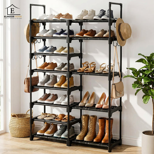 Organizator pentru Pantofi Elindor® Asimetric, Pantofar cu 8 Nivele Mari si 15 Carlige Metalice, Fara Gauri, Suport Metalic pentru Papuci, Dulap Hol, Dormitor, Economisire Spatiu, Depozitare Incaltaminte, 85 × 30.5 × 140 cm, Negru