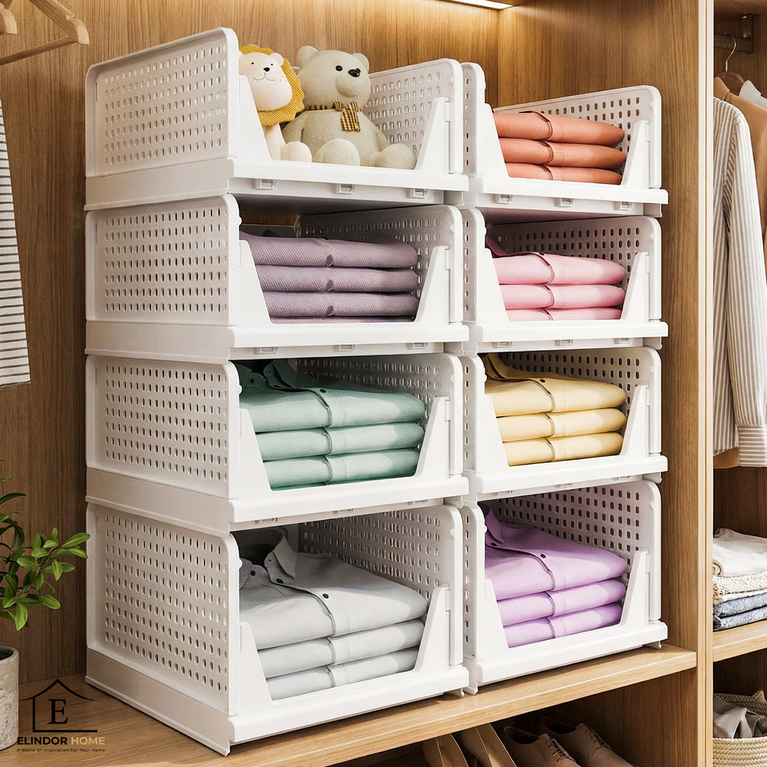 Set 8 Organizatoare Dulap Elindor®, Cutii Depozitare Stivuibile si Pliabile, Organizator pentru Dormitor, Cutie Organizare, Cos Multifunctional, Separator Haine, Paturi, Perne, Pilote, Jucarii, 42.5 × 33.3 × 8.5 cm, Alb