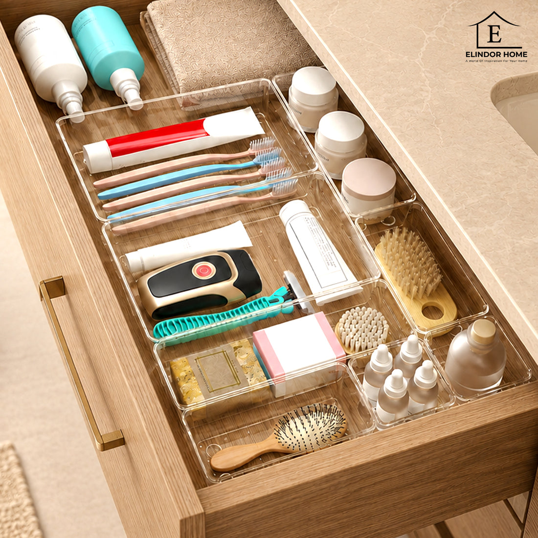Set 16 Cutii Depozitare Elindor® Organizator pentru Bucatarie si Baie, 4 Marimi, Organizatoare Dulap si Sertare, Cutie pentru Sertar, Frigider, Camara, Baie, Bar, Birou, Cos Multifunctional, Separator Fructe, Legume, Creme, Parfumuri, PP