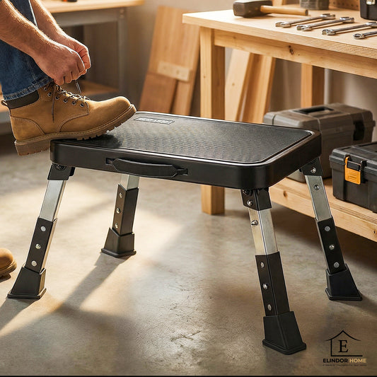 Taburet Pliabil Reglabil Elindor®, Platforma Antiderapanta, cu 3 Niveluri de Inaltime, din Otel Carbon si Plastic Durabil, Suprafata si Baza Antiderapanta, 38.6 × 26.4 × 24.1 cm, Negru