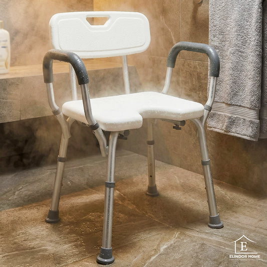 Scaun pentru Cada si Dus Elindor® cu Spatar si Maner Detasabile, Scaun Baie pentru Varstnici, Seniori si Persoane cu Dizabilitati, Ajustabil pe Inaltime, Greutate Maxima Suportata 150 kg, 40 × 53 × 70–86 cm, Alb/Gri