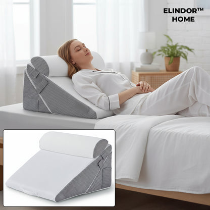 Set 3 Perne Ortopedice Elindor® pentru Pat, Perna Spuma cu Memorie, Hipoalergenica, Suport Spate, Picioare, Genunchi, Post-Operator, Anti-Reflux, Antisforait, Antirid, Pliabile, Hipoalergenic Huse Bumbac Aspect Catifea, Reglabile 23-30 cm, Alb/Gri