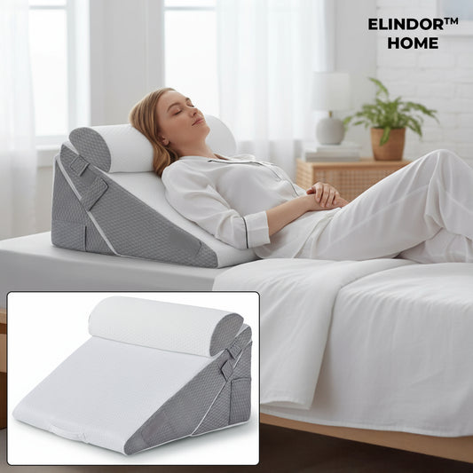 Set 3 Perne Ortopedice Elindor® pentru Pat, Perna Spuma cu Memorie, Hipoalergenica, Suport Spate, Picioare, Genunchi, Post-Operator, Anti-Reflux, Antisforait, Antirid, Pliabile, Hipoalergenic Huse Bumbac Aspect Catifea, Reglabile 23-30 cm, Alb/Gri