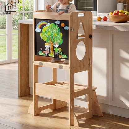 Turn de Invatare Elindor®, Design 3 in 1 Multifunctional pentru Copii, Scaun Montessori Pliabil cu Tabla de Scris, Bare pentru Protectie, Lemn Pin, Antialunecare, pentru Interior, 88 x 32 x 43 cm, Bej / Natur