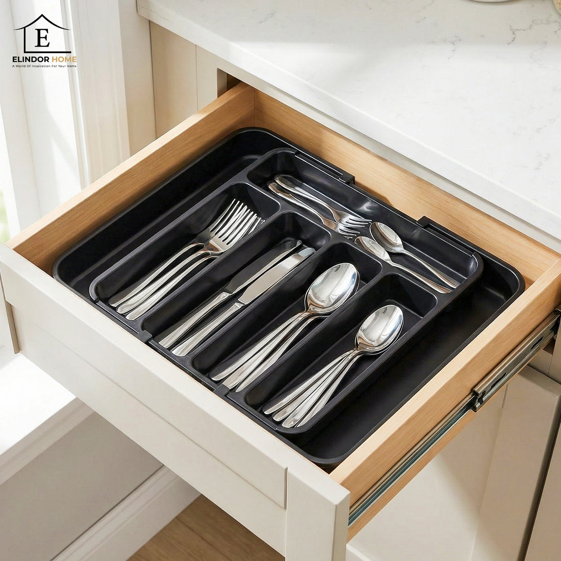 Organizator Elindor® pentru Tacamuri si Ustensile de Bucatarie, 5-7 Compartimente, Sertar Extensibil, Suport Ajustabil pentru Cutite, Linguri, Furculite, Accesorii Bucatarie, Separator Sertar, 32 × 22 × 4 cm, Negru