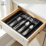 Organizator Elindor® pentru Tacamuri si Ustensile de Bucatarie, 5-7 Compartimente, Sertar Extensibil, Suport Ajustabil pentru Cutite, Linguri, Furculite, Accesorii Bucatarie, Separator Sertar, 32 × 22 × 4 cm, Negru
