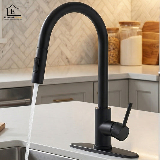 Baterie Chiuveta Bucatarie Neagra Elindor® Robinet de Apa, Modern cu Pipa Flexibila, Jet Reglabil, Cap Dus Extractabil cu Doua Functii, Monocomanda, Rotativ 360°, pentru Bucatarie, Otel Inoxidabil si Alama, Finisaj Mat