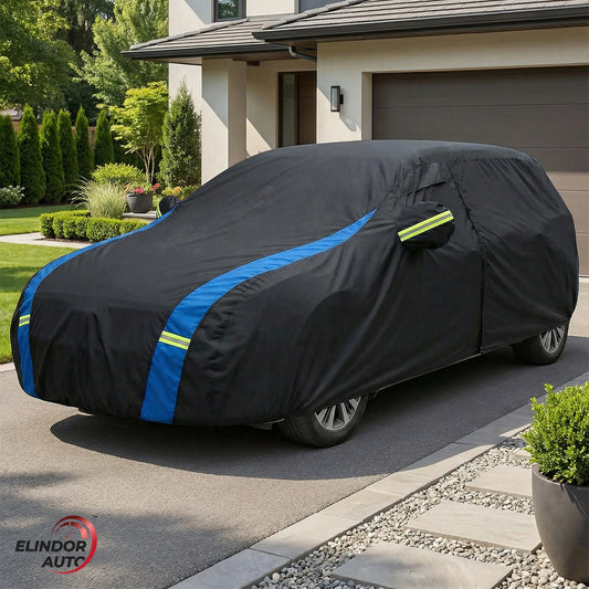 Prelata Auto Premium Elindor® Impermeabila, Antisoare, Praf, Ploaie si Zapada, Protectie UV, Toate Anotimpurile, Husa Exterior, Huse Protectie Completa, Universala, Accesorii Masina, Marime Break L, 470 × 198 × 144 cm, Negru