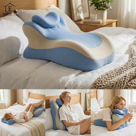 Perna Ergonomica Elindor®, Perna Wedge pentru Circulatie si Recuperare, Suport pentru Genunchi, Picioare si Trunchi, cu Spuma cu Memorie, Husa Textila, 55 × 39 × 30 cm, Alb / Albastru