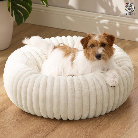 Pat Confortabil pentru Caini si Pisici Elindor® Rotund, Culcus Moale Antiderapant, Potrivit pentru Caine si Pisica de Talie Mica si Medie, Ideal in Orice Anotimp, in Casa, Marimea S, 50x50x15 cm, Alb