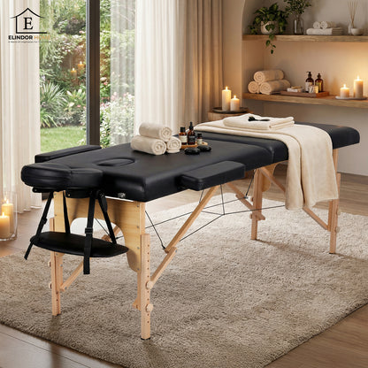 Masa de Masaj Elindor® cu Tetiera, Pliabila si Portabila, Universala, Usor de Transportat, Pat Cosmetica, Saltea Burete, Inaltime Reglabila 64-86 cm, Greutate Maxima Suportata 100 kg, Lemn/Piele ecologica, Negru
