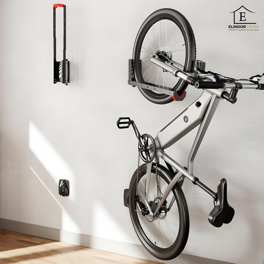 Suport Bicicleta de Perete Elindor®, Suport Vertical pentru Depozitare Bicicleta cu Rotire 120°, Baza Metalica din Otel Carbon, Reglaj 3 Trepte, Suporta pana la 35 kg, 43.8 × 11.8 × 30.7 cm, Negru