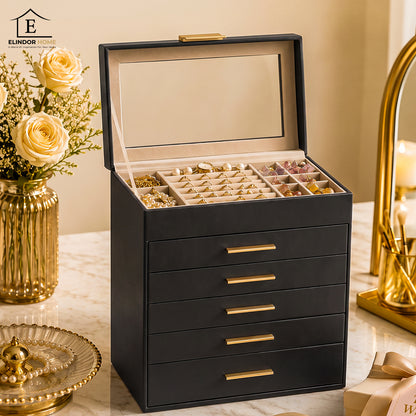 Cutie de Bijuterii Elindor® Organizator pe 6 Niveluri, Sertar x5, Spatiu de Depozitare pentru Inel, Verighete, Lantisoare, Bratari, Cercei, Caseta din Material Catifelat, Design Rafinat, Simplu si Elegant, Piele Ecologica Neagra, 15 x 25 x 28.5 cm