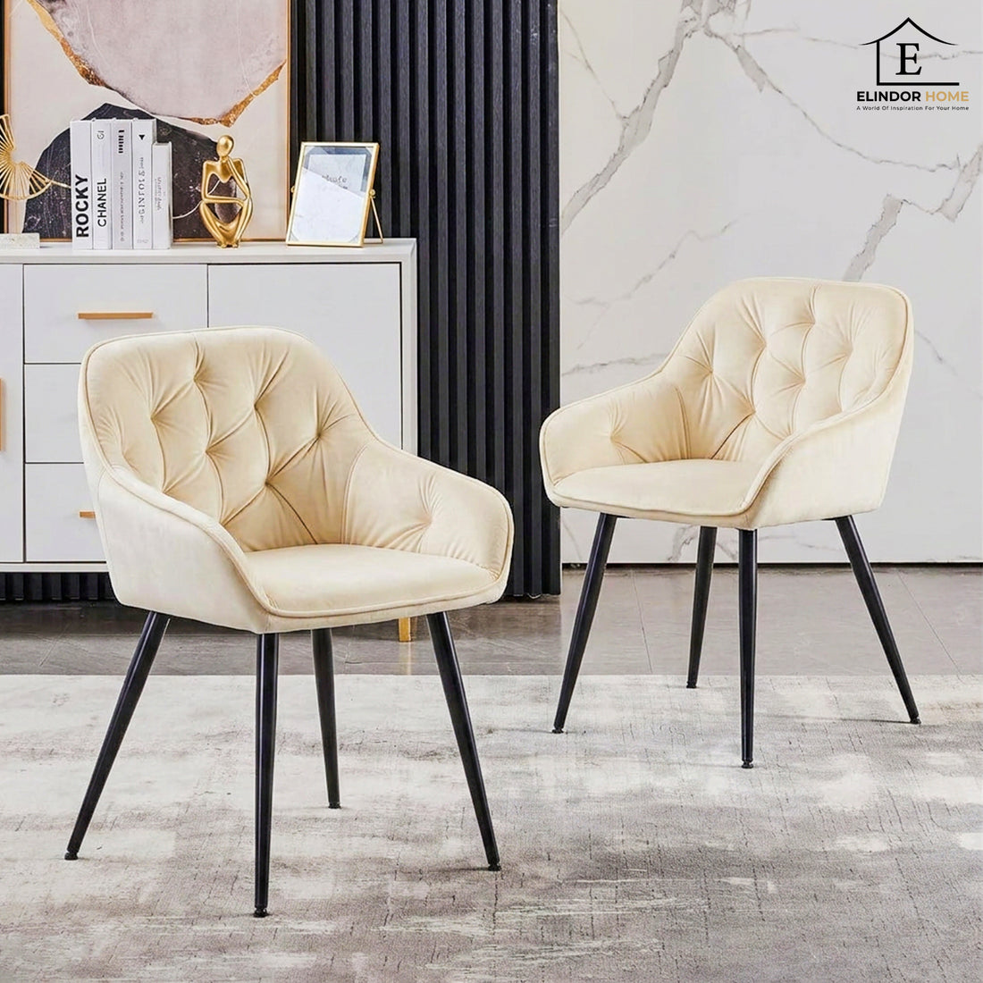 Set 2 Scaune Elindor® Ergonomice, Design Contemporan, Scaun cu Spatar si cu Manere, din Catifea cu Picioare Metalice Negre, Potrivite pentru Living, Bucatarie, Birou, Dormitor, 85 × 60 × 50 cm, Bej