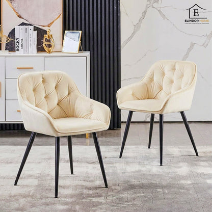 Set 2 Scaune Elindor® Ergonomice, Design Contemporan, Scaun cu Spatar si cu Manere, din Catifea cu Picioare Metalice Negre, Potrivite pentru Living, Bucatarie, Birou, Dormitor, 85 × 60 × 50 cm, Bej