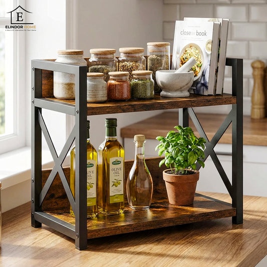Organizator Elindor® cu 2 Nivele, Recipient de Depozitare Multifunctional, Organizator pentru Dulapul din Bucatarie si Baie, Raft pentru Cafea, Condimente, Parfumuri, Creme, Suport din Lemn, 30 × 26.5 × 16 cm, Maro Rustic