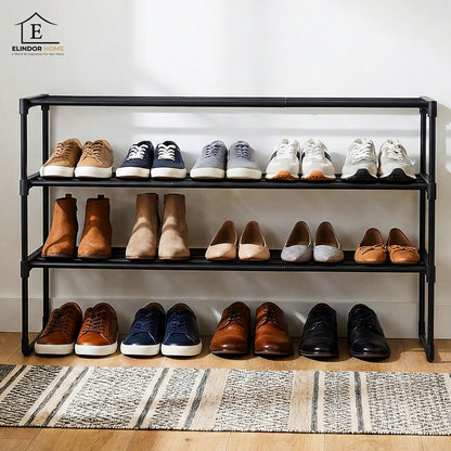 Organizator pentru Pantofi Elindor® Pantofar cu 3 Nivele Mari, Fara Gauri, Suport Metalic pentru Papuci, Dulap Hol, Dormitor, Economisire Spatiu, Depozitare Incaltaminte, 30 × 92 × 55 cm, Negru