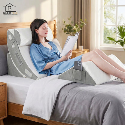 Perna Ortopedica Triunghiulara Elindor® pentru Pat, Perna din Spuma cu Memorie, Set 4 Piese, Suport Spate, Cap, Post-Operator, Anti-Reflux, Antisforait, Antirid, Husa Detasabila cu Fermoar, Reglabil cu Velcro, 57 x 57 cm, Alb / Gri