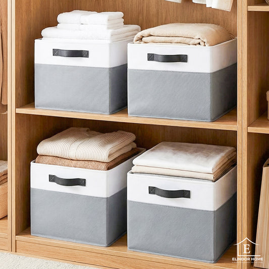 Set 4 Cutii Depozitare Elindor® Pliabile, Tip Sertar, Organizator pentru Dormitor Studentesc, Organizatoare pentru Dulap, Cutie Organizare, Cos Multifunctional, Separator Haine, Paturi, Jucarii, Pentru Dormitor, Living, 35 x 25 x 24 cm, Alb / Gri