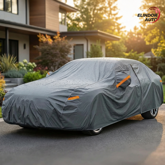 Prelata Auto Premium Elindor® Impermeabila, Protectie UV, Antisoare, Praf, Ploaie si Zapada, Toate Anotimpurile, Heavu Duty, Husa Exterior, Huse Protectie Completa, Universala, Accesorii Masina, Marime Sedan M, 431 × 165 × 120 cm, Gri Inch