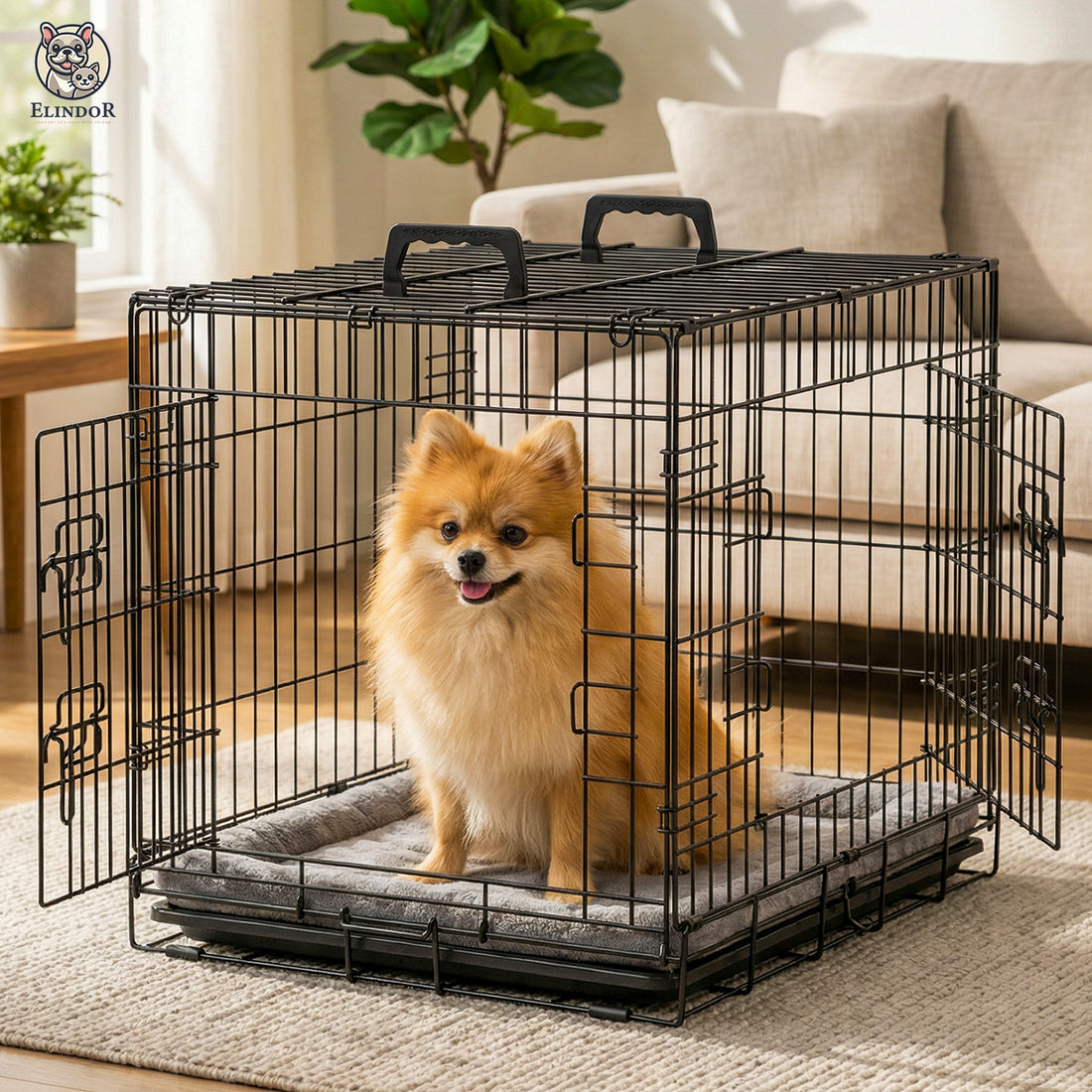 Cusca pentru Animale Elindor® Pliabila, Potrivita pentru Caini de Talie Mica, Medie de pana la 5 Kg, Utilizare in Interior si Exterior sau Calatorii, cu 2 Usi, Baza din Plastic Detasabila, 2 Manere pentru Transport, Marime S, 47 × 31 × 37.5 cm, Negru