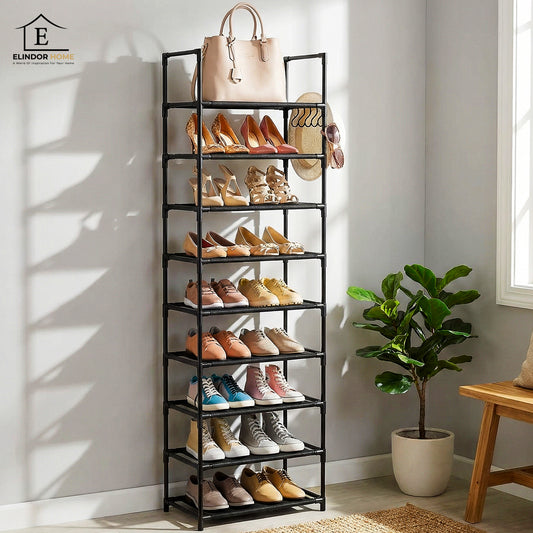 Organizator pentru Pantofi Elindor® Pantofar cu 10 Nivele Mari si 5 Carlige Metalice, Fara Gauri, Suport Metalic pentru Papuci, Dulap Hol, Dormitor, Economisire Spatiu, Depozitare Incaltaminte, 25.5 × 43 × 173 cm, Negru