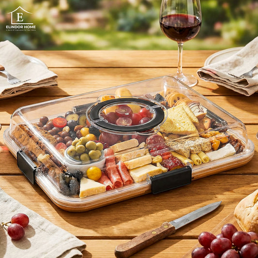 Platou pentru Branzeturi si Aperitive Elindor® din Bambus cu Capac Transparent, Tava Compartimentata pentru Branzeturi, Mezeluri si Gustari, 6 Sectiuni, Platou de Bucatarie, 37 × 29 × 7 cm, Bej