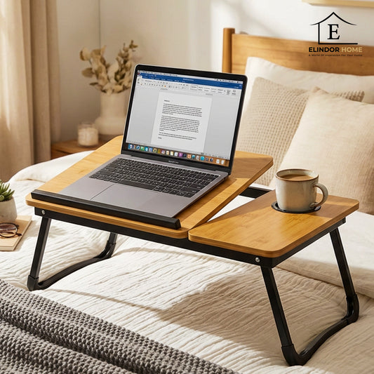 Masa Pliabila pentru Laptop Elindor® Suport Inaltime Reglabila 5 Trepte, Unghi Ajustabil, Antiderapanta, Usor de Depozitat, Birou Portabil cu Suport pentru Pahar si Mouse, Utilizare in Orice Loc, Ideala la Munca sau Mic Dejun la Pat, Bej