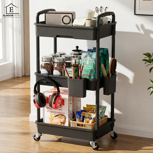 Carucior Organizator 3 Niveluri Elindor®, cu 1 Sertar si Roti 360°, Organizator Bucatarie, Multifunctional, Raft Mobil Organizare Baie, Camara, Birou, Bar,38 x 27 × 74 cm, Negru
