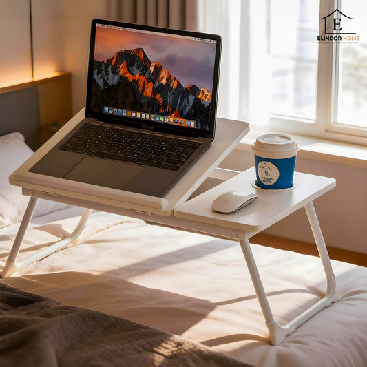 Masa Pliabila pentru Laptop Elindor® Suport Inaltime Reglabila 5 Trepte, Unghi Ajustabil, Antiderapanta, Usor de Depozitat, Birou Portabil cu Suport pentru Pahar si Mouse, Utilizare in Orice Loc, Ideala la Munca sau Mic Dejun la Pat, Alb