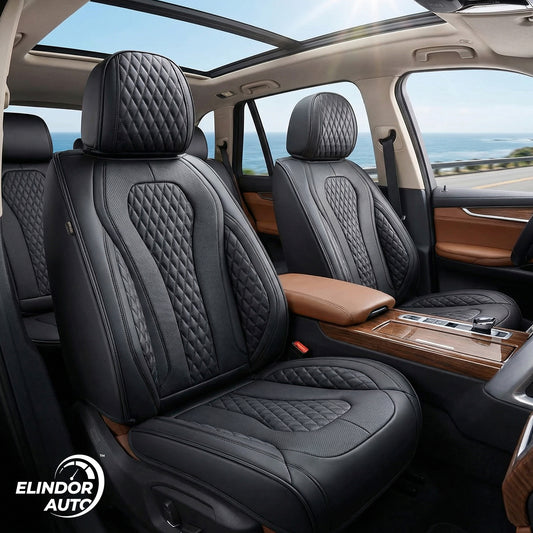 Set 5 Huse Scaune Auto Elindor® Universale, Husa pentru Protectie Sezut si Spatar Scaun Fata si Bancheta Spate, Impermeabila, Piele Nappa, Accesorii Masina Huse Interior, Negru