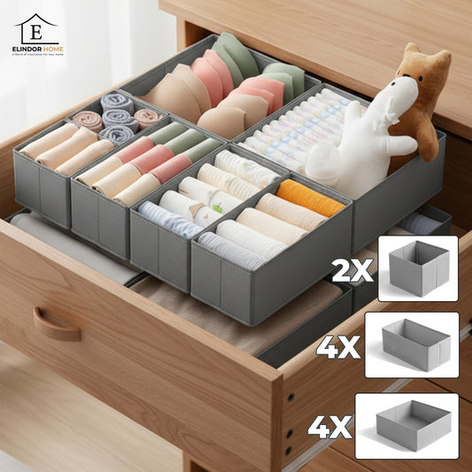 Set 10 Cutii Depozitare Elindor® Pliabile, 4 Mari, 4 Medii, 2 Mici, Organizator pentru Dormitor Studentesc, Organizatoare pentru Dulap, Cutie Organizare, Cos Multifunctional, Separator Haine, Jucarii, Potrivit pentru Bucatarie, Baie, Birou, Gri