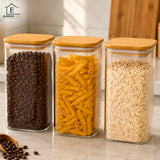 Set 3 Borcane din Sticla Elindor® cu Capac Ermetic din Bambus, Borcan 1500 ml, Marker si Etichete Incluse, Ideal pentru Condimente, Fructe Uscate, Cafea, Zahar, Recipient Depozitare in Bucatarie, 20 × 10 cm, Transparent