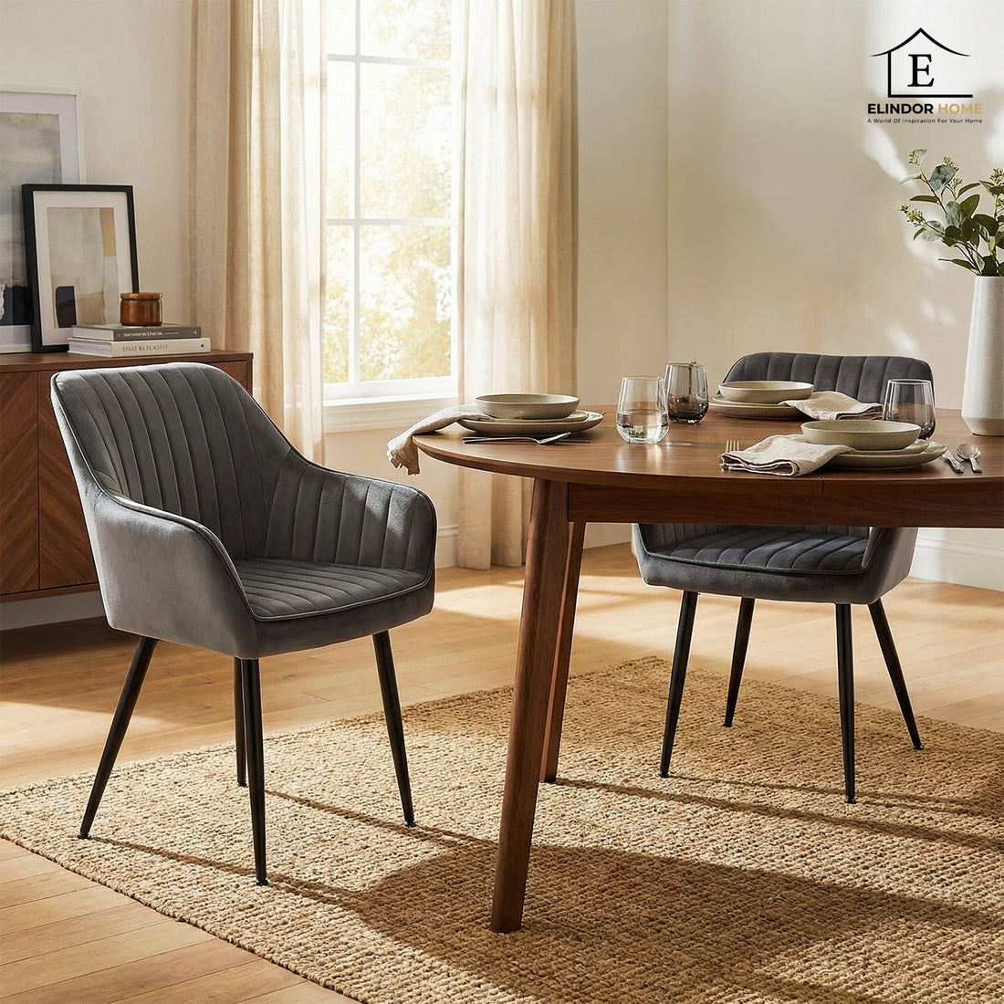 Set 2 Scaune Elindor® Ergonomice, Design Contemporan, Scaun cu Spatar si cu Manere, din Catifea cu Picioare Metalice Negre, Potrivite pentru Living, Bucatarie, Birou, Dormitor, 90x60x45 cm, Gri