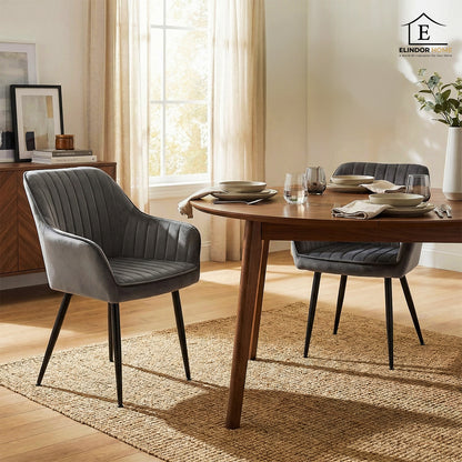 Set 2 Scaune Elindor® Ergonomice, Design Contemporan, Scaun cu Spatar si cu Manere, din Catifea cu Picioare Metalice Negre, Potrivite pentru Living, Bucatarie, Birou, Dormitor, 90x60x45 cm, Gri