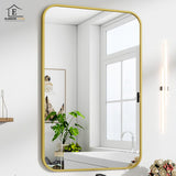 Oglinda Decorativa Elindor® Agatare pe Perete sau Sprijinita, Aurie, Dreptunghiulara, Colturi Rotunjite, Moderna si Eleganta, Reflexie HD, Sticla fara Distorsiuni, Ideala pentru Dormitor, Living, Birou, Dressing, Hol, Baie, Rama Metalica, 90x60 cm
