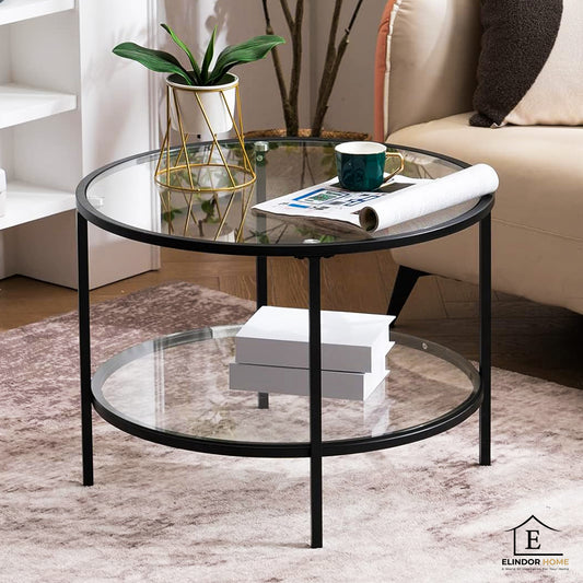 Masa de Cafea Elindor® din Sticla, Rotunda, Design Industrial, Ideala pentru Living, Birou, Dormitor, Mobila Multifunctionala, Moderna, Greutate Maxima Suportata 45 kg, Cos Depozitare, 65x65x49 cm, Negru