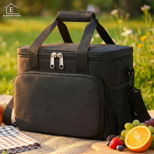 Geanta Termo-izolanta Elindor®, Geanta pentru Pranz, 9L, Material Oxford Impermeabil, Compartiment Spatios, Ideala pentru Mancare la Scoala, Loc de Munca 25.5 × 17 × 20.5 cm, Negru