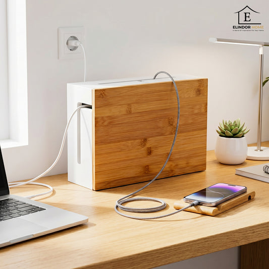 Cutie Organizare Cabluri Elindor®, din Bambus cu Capac Magnetic, Organizator pentru Accesorii Living, Birou, Dormitor, Bucatarie, Camara, Utilizare in Interior, Compatibila cu Prelungitoare si Adaptoare Multiple, 32 × 22 × 11 cm, Alb