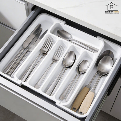 Organizator Elindor® pentru Tacamuri si Ustensile de Bucatarie, 5-7 Compartimente, Sertar Extensibil, Suport Ajustabil pentru Cutite, Linguri, Furculite, Accesorii Bucatarie, Separator Sertar, 32 × 22 × 4 cm, Alb