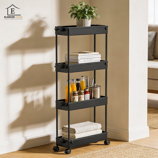 Carucior Organizator 4 Niveluri Elindor® Modular, cu Roti 360°, Organizator Bucatarie, Multifunctional, Raft Mobil Organizare Baie, Camara, Birou, Bar, 85 × 12.5 × 38.8 cm, Negru
