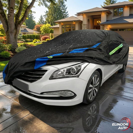 Prelata Auto Premium Elindor® Impermeabila, Protectie UV, Antisoare, Praf, Ploaie si Zapada, Toate Anotimpurile, Husa Exterior, Huse Protectie Completa, Universala, Accesorii Masina, Marime S Sedan, 410 × 170 × 150 cm, Negru