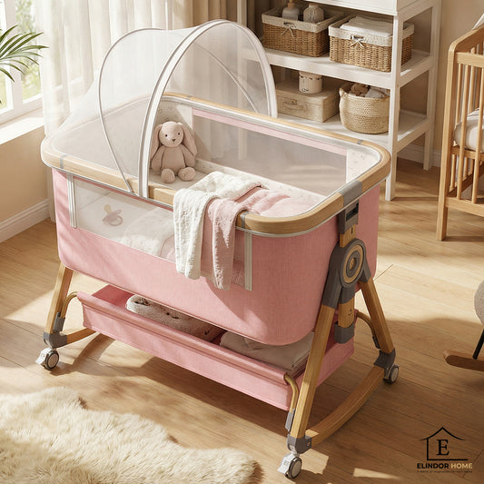 Patut Pliabil Bebelusi Elindor® 4 in 1, Copii 0-12 luni, Leagan Bebe pe 2 Etaje, Cos Depozitare, 6 Trepte de Inaltime Reglabila, Portabil, Plasa Laterala, Roti cu Sistem Blocare, Saltea Integrata, Greutate Maxima 10 kg, Roz